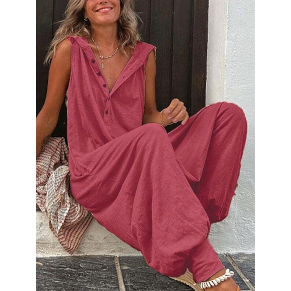 Coastal Boho Hooded Harem Jumpsuit Nantucket Red Sleeveless Drop Crotch Large